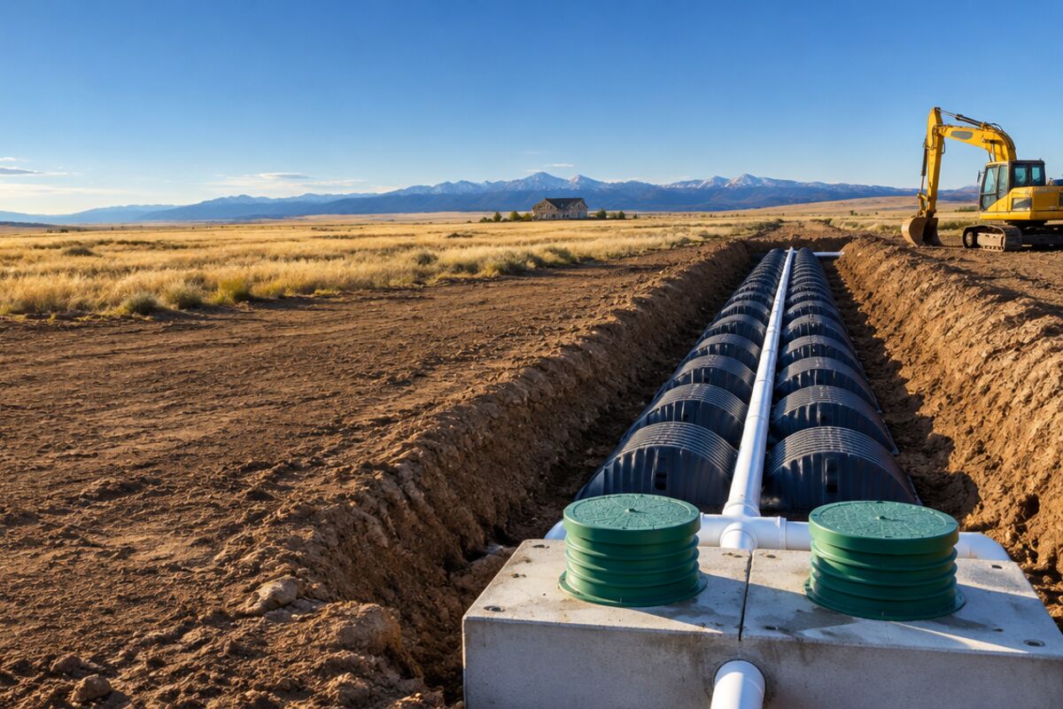 New leach field chambers and septic tank risers in an open trench on the Colorado plains